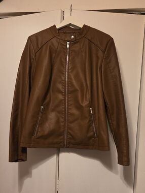 Women’s Faux Leather Biker Jacket - Brown